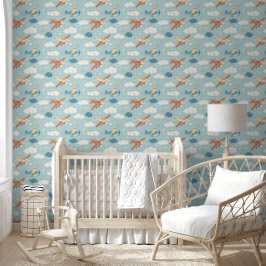 Vliegtuig Sterren en Cloud Pattern Baby kwekerij Behang