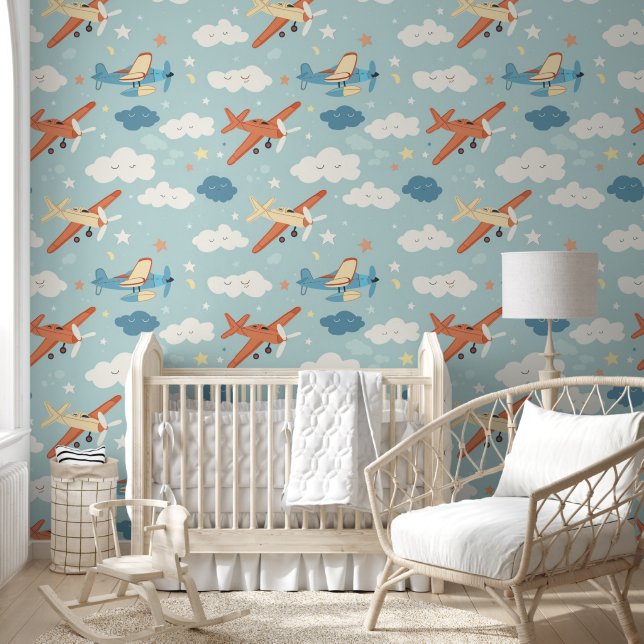 Vliegtuig Sterren en Cloud Pattern Baby kwekerij Behang (Kinderen)