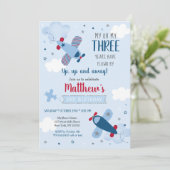 Vliegtuig Sterren Wolken Jongen Verjaardag Uitnodi Kaart (Staand voorkant)