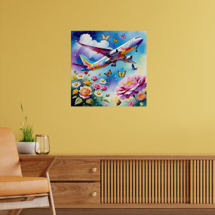 Vliegtuig stijgt over Rozen met vlinders Poster