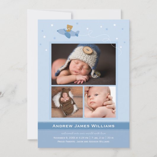 Vliegtuig Teddy Baby Jongen Blauw en Slate Foto Ge Aankondiging (Voorkant)