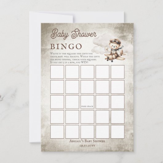 Vliegtuig Teddy Bear Baby shower Bingogame Kaart (Voorkant)
