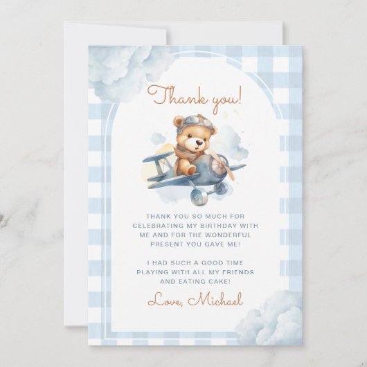 Vliegtuig Teddy Bear Blue 1st Birthday Bedankkaart (Voorkant)