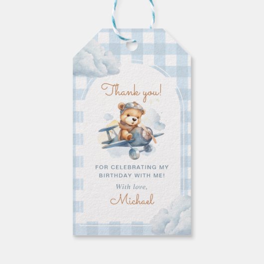 Vliegtuig Teddy Bear Blue 1st Birthday Cadeaulabel (Achterkant)