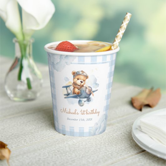 Vliegtuig Teddy Bear Blue 1st Birthday Papieren Bekers (Insitu)