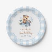 Vliegtuig Teddy Bear Blue 1st Birthday Papieren Bordje (Voorkant)