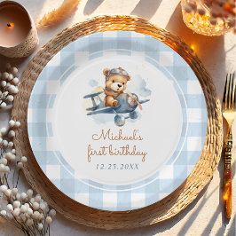 Vliegtuig Teddy Bear Blue 1st Birthday Papieren Bordje