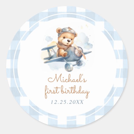 Vliegtuig Teddy Bear Blue 1st Birthday Ronde Sticker (Voorkant)