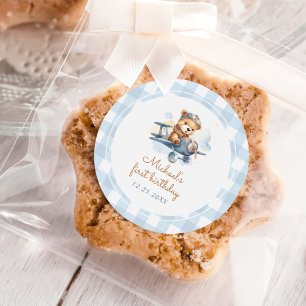 Vliegtuig Teddy Bear Blue 1st Birthday Ronde Sticker