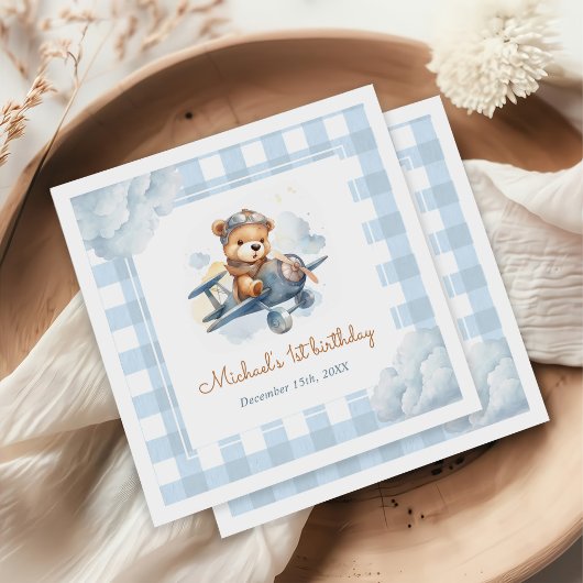 Vliegtuig Teddy Bear Blue 1st Birthday Servet