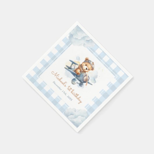 Vliegtuig Teddy Bear Blue 1st Birthday Servet (Hoek)