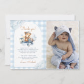 Vliegtuig Teddy Bear Blue 1st Verjaardag Foto Bedankkaart (Voorkant)