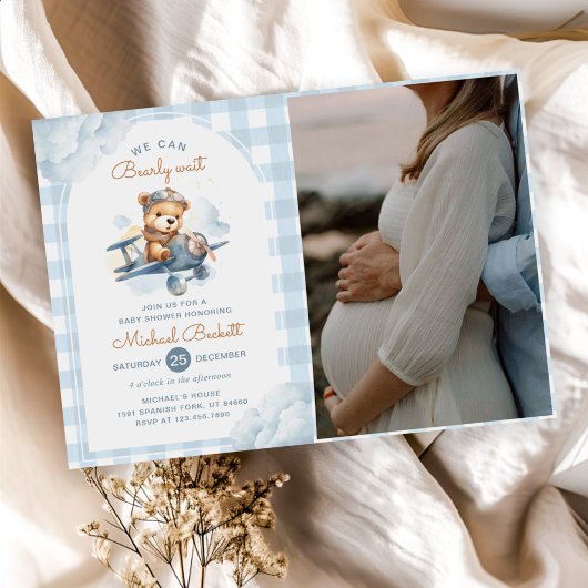 Vliegtuig Teddy Bear Blue Boy Baby shower Foto Kaart