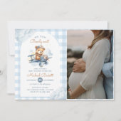 Vliegtuig Teddy Bear Blue Boy Baby shower Foto Kaart (Voorkant)