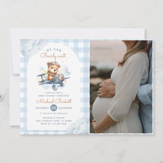 Vliegtuig Teddy Bear Blue Boy Baby shower Foto Kaart (Voorkant)