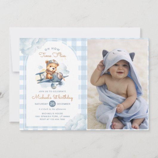 Vliegtuig Teddy Bear Blue Time vliegt verjaardagsf Kaart (Voorkant)