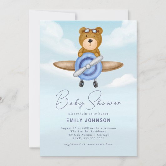 Vliegtuig Teddy Bear Boy Baby shower Uitnodiging (Voorkant)