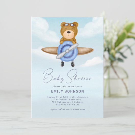 Vliegtuig Teddy Bear Boy Baby shower Uitnodiging (Staand voorkant)