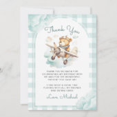 Vliegtuig Teddy Bear Pastel Gingham 1e verjaardag Bedankkaart (Voorkant)