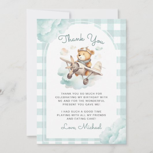 Vliegtuig Teddy Bear Pastel Gingham 1e verjaardag Bedankkaart (Voorkant)