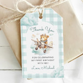 Vliegtuig Teddy Bear Pastel Gingham 1e verjaardag Cadeaulabel