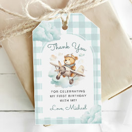 Vliegtuig Teddy Bear Pastel Gingham 1e verjaardag Cadeaulabel