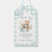 Vliegtuig Teddy Bear Pastel Gingham 1e verjaardag Cadeaulabel (Achterkant)