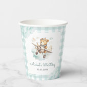 Vliegtuig Teddy Bear Pastel Gingham 1e verjaardag Papieren Bekers (Voorkant)