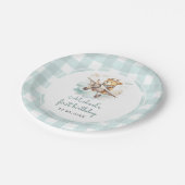 Vliegtuig Teddy Bear Pastel Gingham 1e verjaardag Papieren Bordje (Gekanteld)