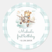 Vliegtuig Teddy Bear Pastel Gingham 1e verjaardag Ronde Sticker (Voorkant)