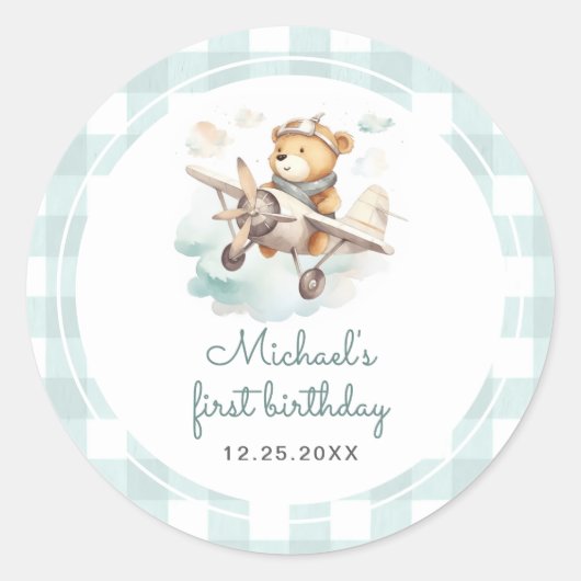 Vliegtuig Teddy Bear Pastel Gingham 1e verjaardag Ronde Sticker (Voorkant)