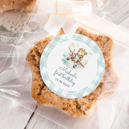 Vliegtuig Teddy Bear Pastel Gingham 1e verjaardag Ronde Sticker