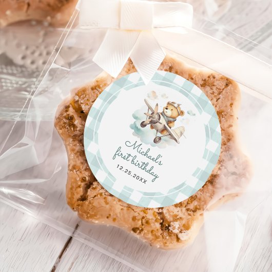 Vliegtuig Teddy Bear Pastel Gingham 1e verjaardag Ronde Sticker