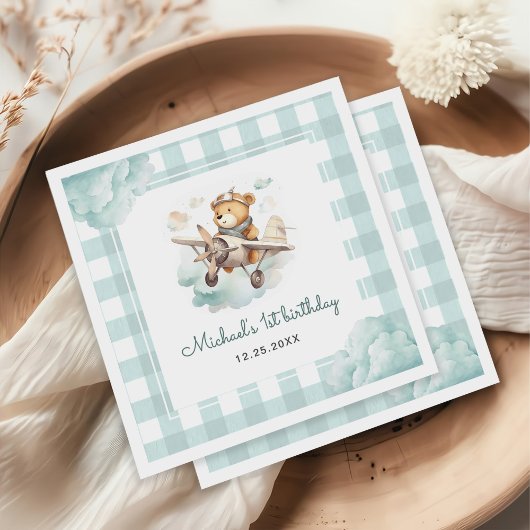 Vliegtuig Teddy Bear Pastel Gingham 1e verjaardag Servet