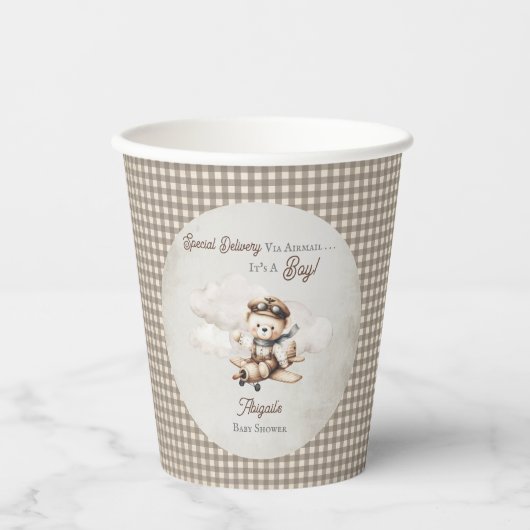 Vliegtuig Teddy Bear Special Delivery Baby shower Papieren Bekers (Voorkant)