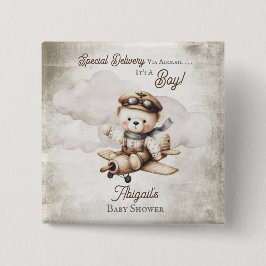 Vliegtuig Teddy Bear Special Delivery Baby shower Vierkante Button 5,1 Cm