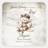 Vliegtuig Teddy Bear Special Delivery Baby shower Vierkante Sticker (Voorkant)