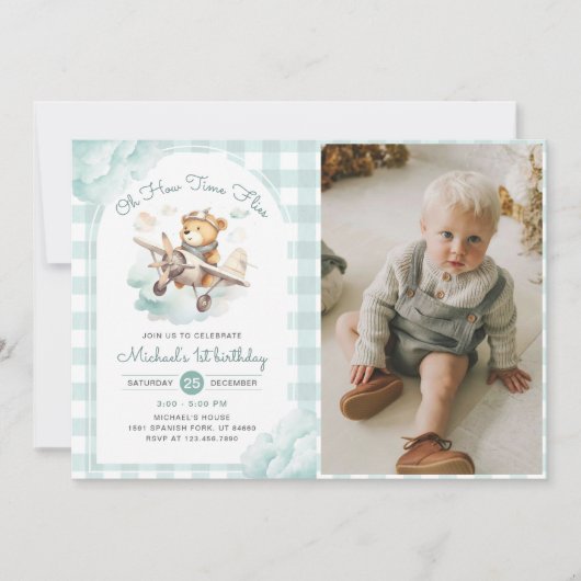 Vliegtuig Teddy Bear Time vliegt verjaardag foto Kaart (Voorkant)