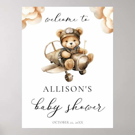 Vliegtuig teddybeer baby shower welkomstbord poster (Voorkant)