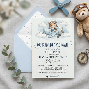 Vliegtuig Teddybeer Jongen Baby Shower Uitnodigin Kaart