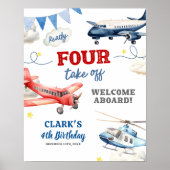 Vliegtuig Theme Boy 4e Verjaardag Welkom Sign Poster (Voorkant)