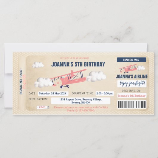Vliegtuig Ticket Birthday Uitnodiging voor een mei (Voorkant)