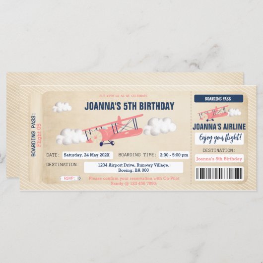 Vliegtuig Ticket Birthday Uitnodiging voor een mei (Voorkant / Achterkant)
