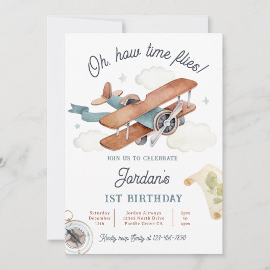  Vliegtuig Tijd vliegt Reis 1e Verjaardag Kaart (Voorkant)