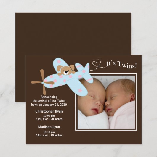 Vliegtuig Twins Girl & Boy Birth Annoucement Aankondiging (Voorkant / Achterkant)