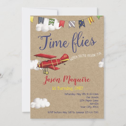 Vliegtuig Uitnodiging, 1e Verjaardag voor Jongen Kaart (Voorkant)
