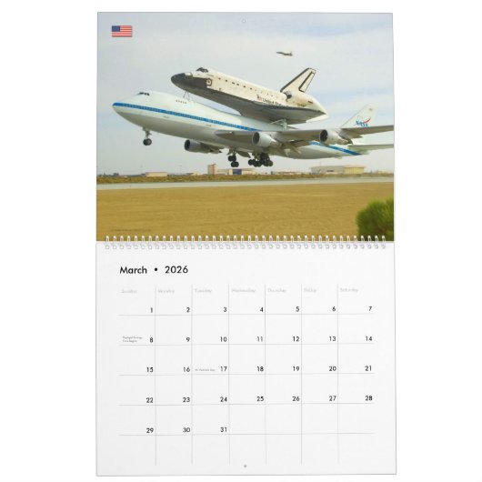 Vliegtuig van spaceshuttle-drager kalender (Mar 2026)