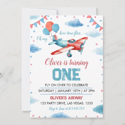 Vliegtuig Verjaardag Oh My Time vliegt Uitnodiging (Voorkant)