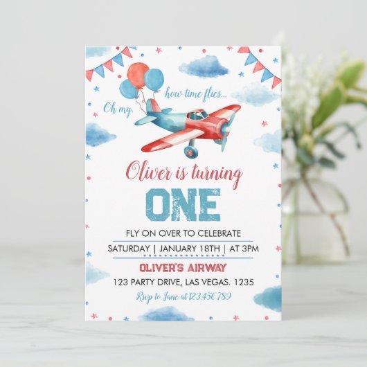Vliegtuig Verjaardag Oh My Time vliegt Uitnodiging (Staand voorkant)