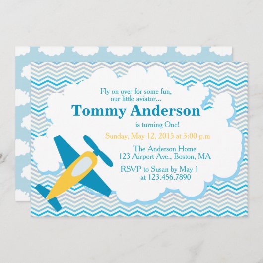 Vliegtuig Verjaardag Uitnodiging Chevron (Voorkant / Achterkant)
